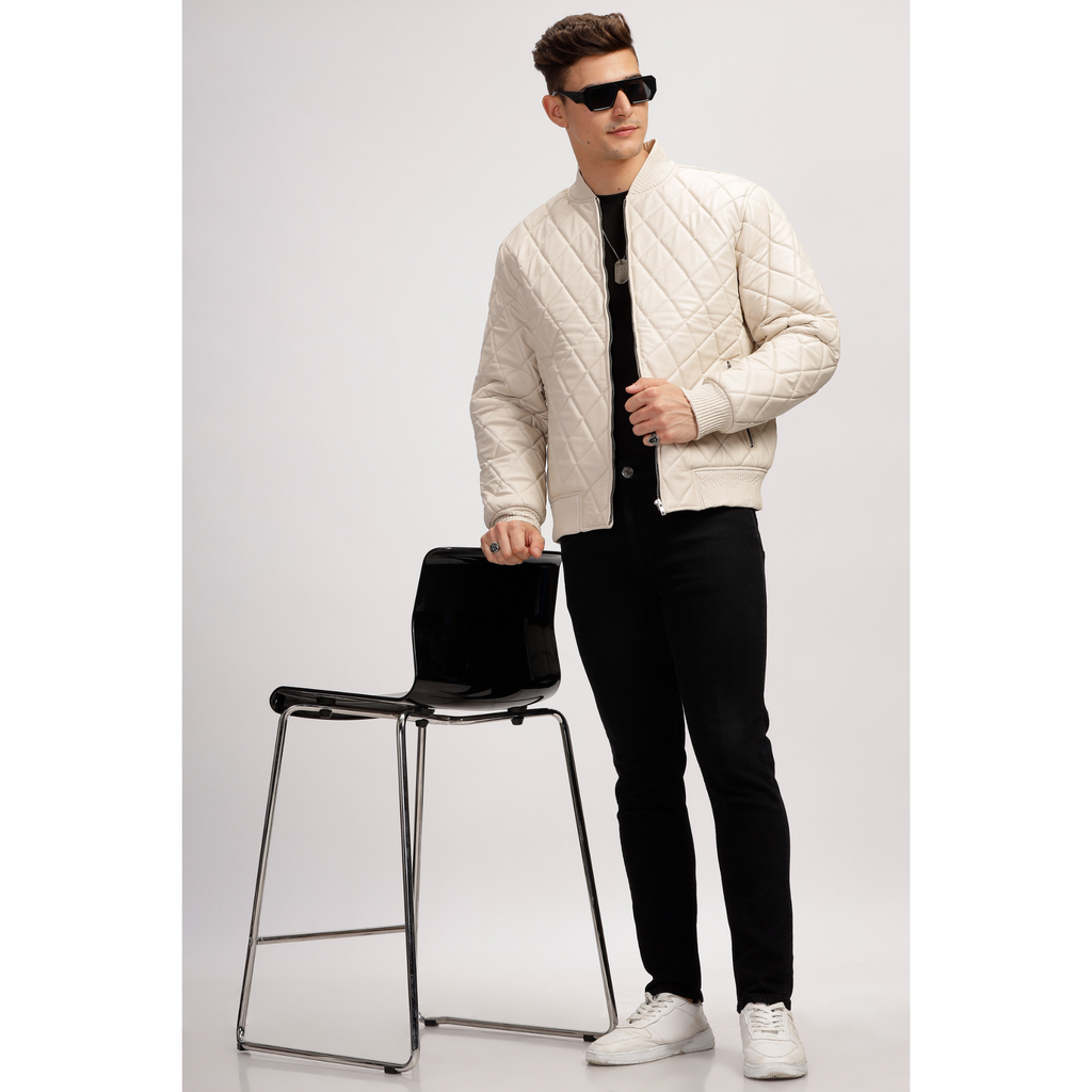 Mens Off White Diamond Quilted Bomber Leather Jacket