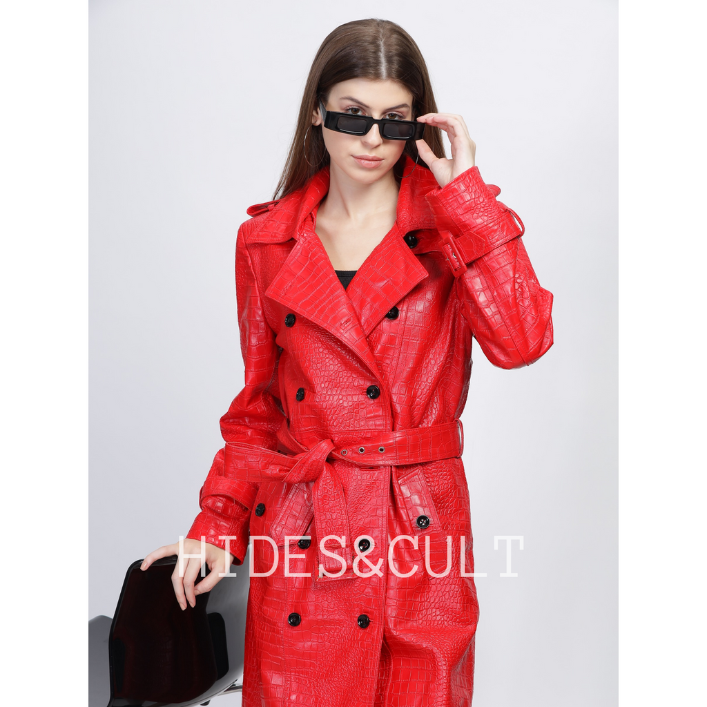 Womens Red Croc Embossed Effect Double Breasted Leather Trench Coat