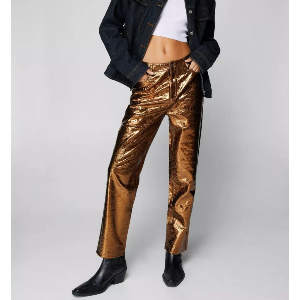 Women's Green Crackle Metallic Foil Straight Leg Genuine Leather Pants
