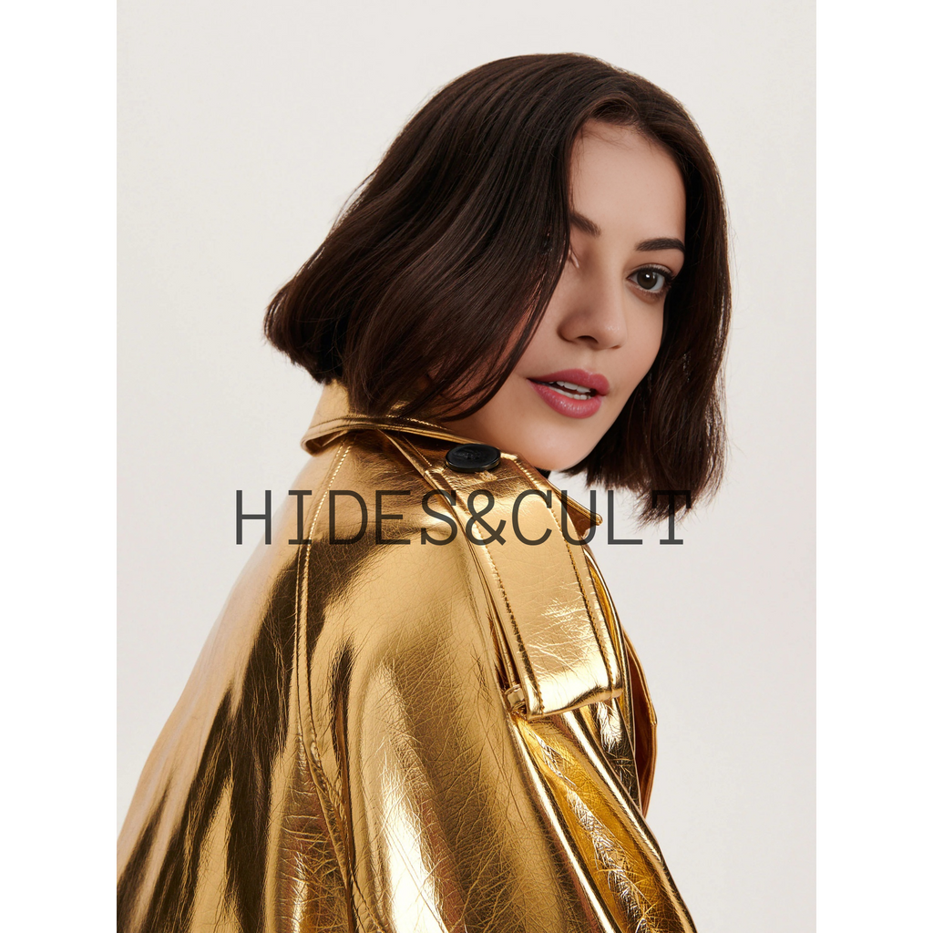 Women's Shiny Yellow Gold Metallic Foil Effect Double Breasted Leather Trench Coat
