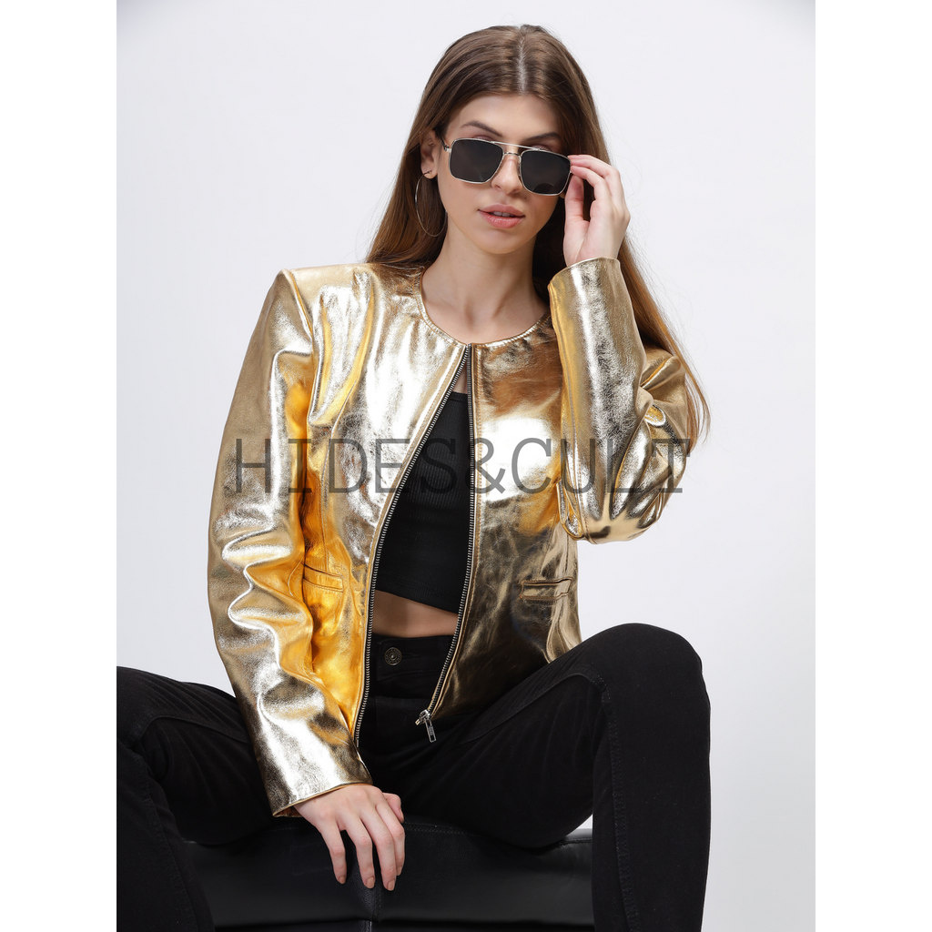Women's Gold Metallic Foil Effect Round Neck Cropped Real Leather Jacket