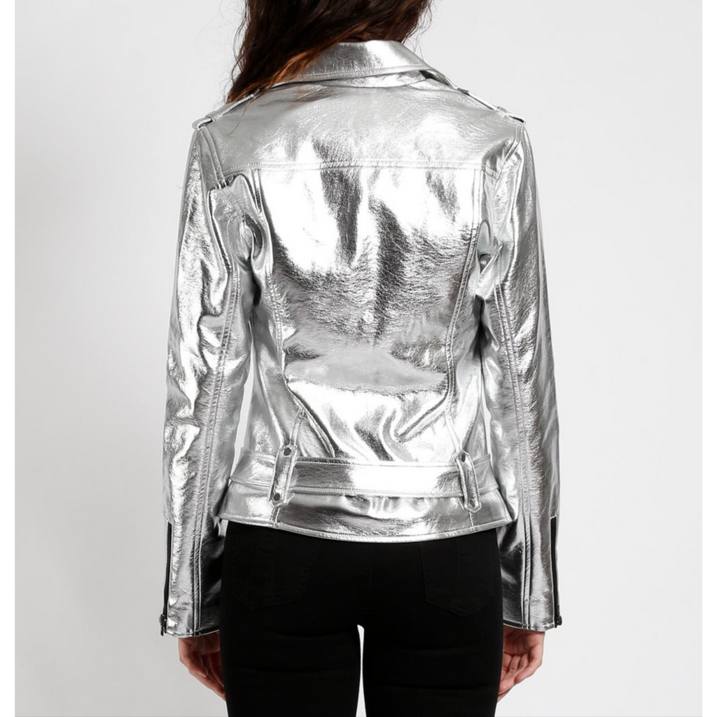 Women's Silver Metallic Foil Belted Motorcycle Biker Leather Jacket