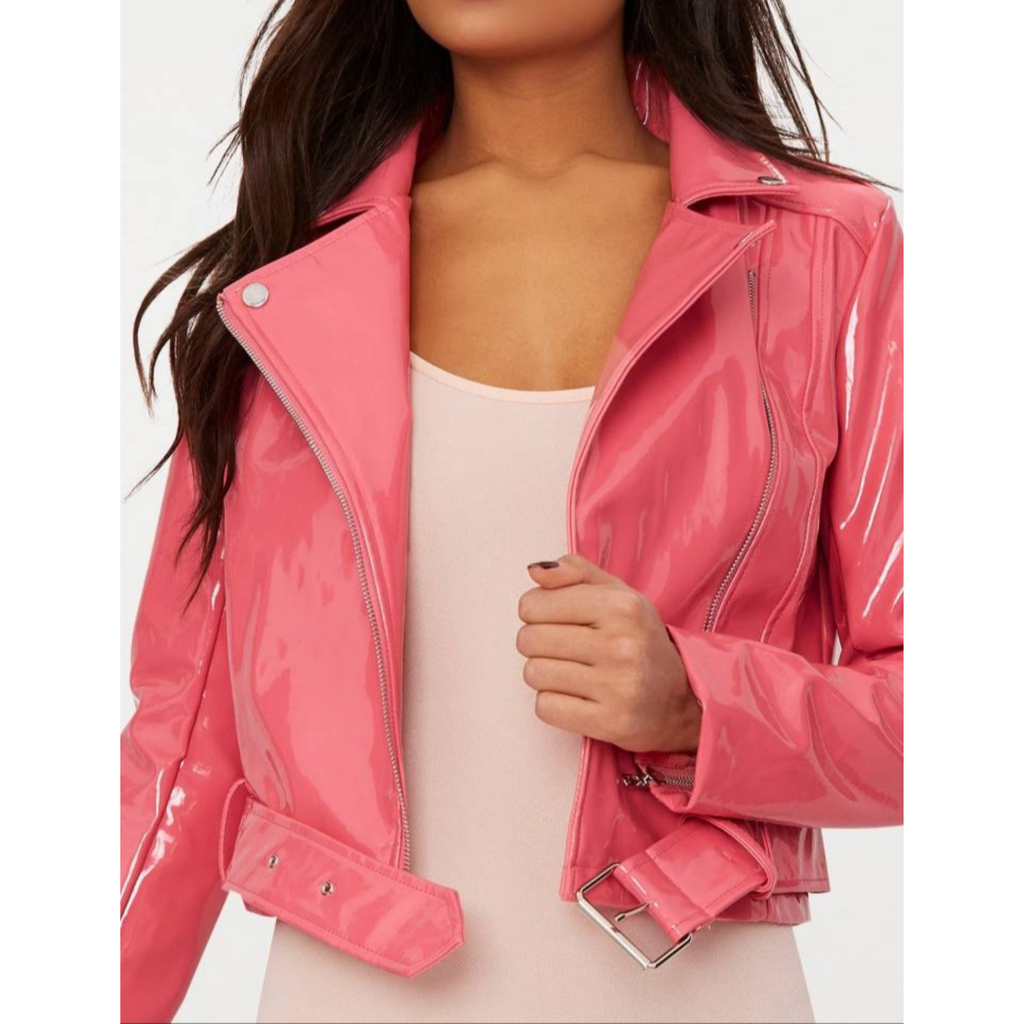 Women's Barbie Pink Patent Vinyl Effect Motorcycle Biker Belted Genuine Leather Jacket