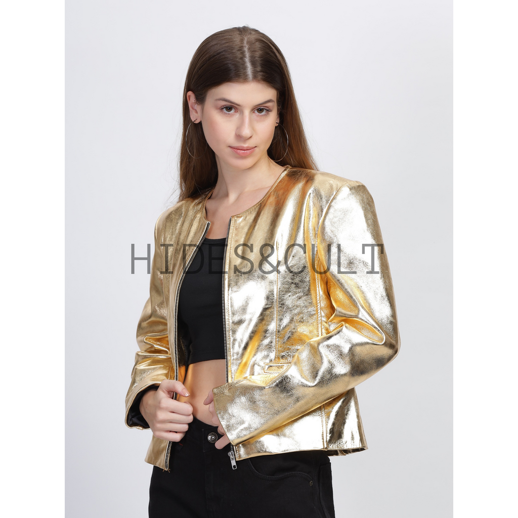 Women's Gold Metallic Foil Effect Round Neck Cropped Real Leather Jacket