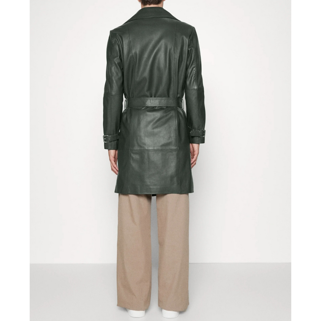 Mens Green Belted Genuine Leather Trench Coat Car Coat  also available in Burgundy Black
