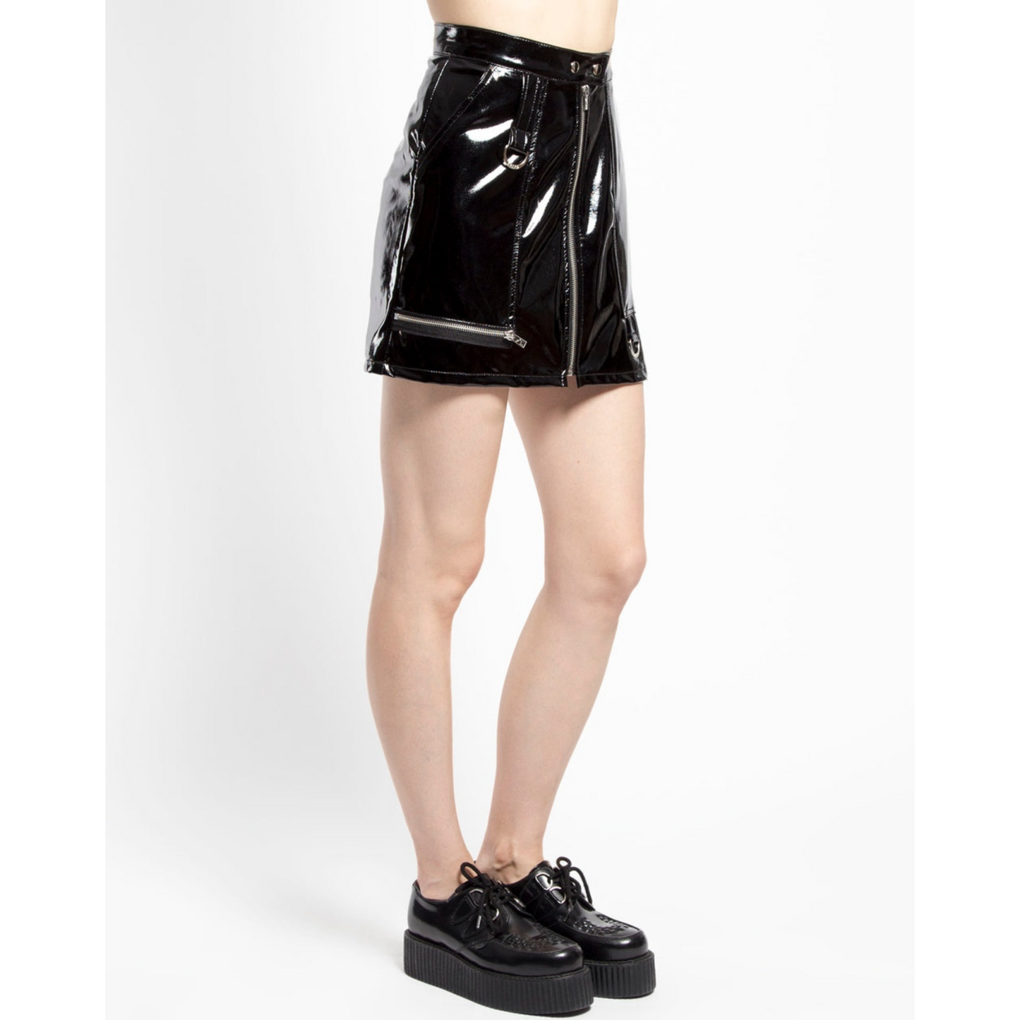 Women's Black Zip Front A Line Mini Leather Skirt