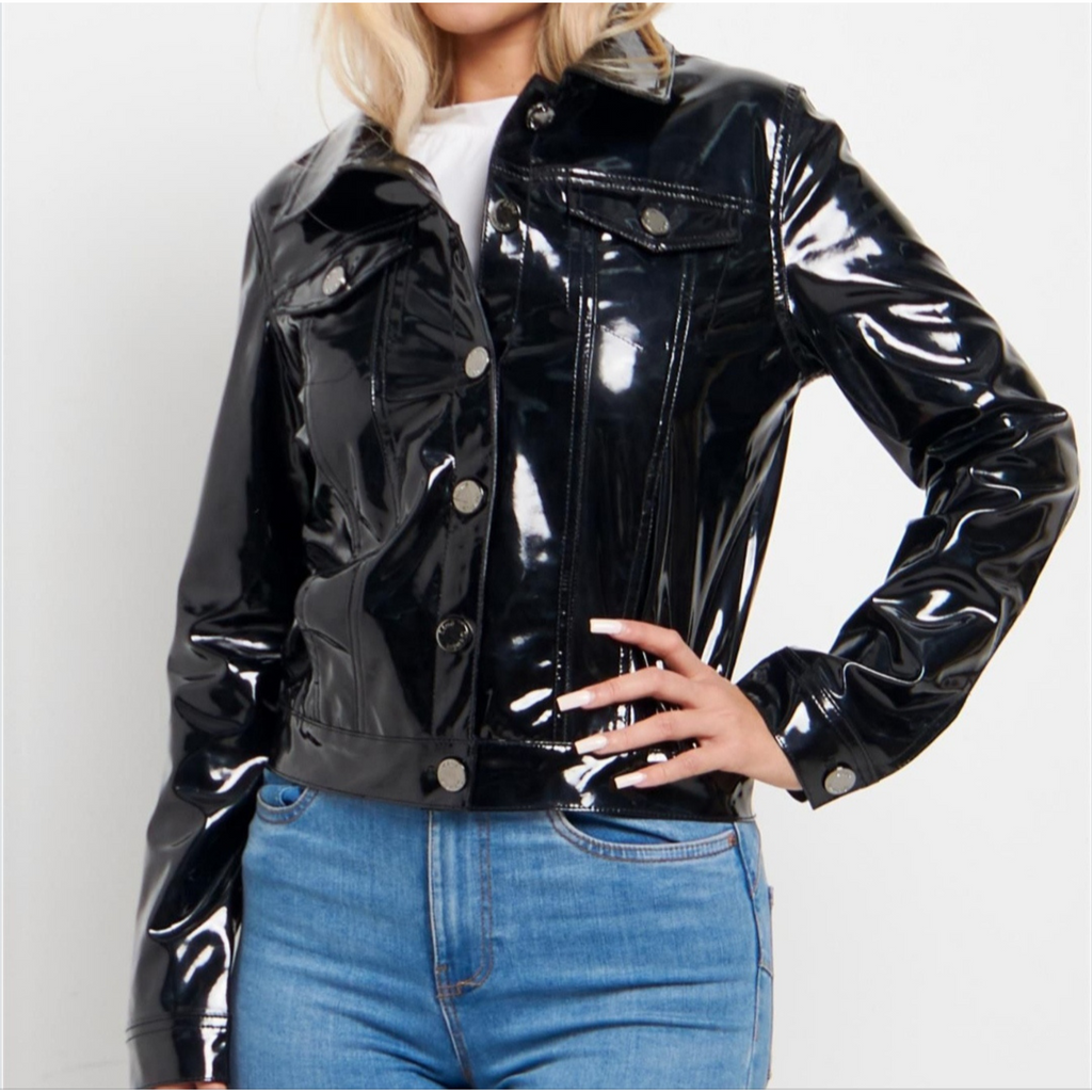 Women's Glossy Black Patent Denim Style Genuine Leather Jacket