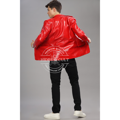 Men's Red Slim Fit Business Leather Blazer