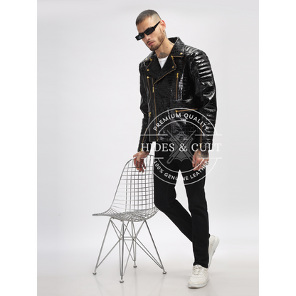 Mens Black Patent Croc Motorcycle Biker Gold Zip Leather Jacket