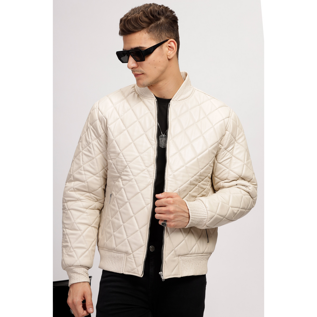 Mens Off White Diamond Quilted Bomber Leather Jacket