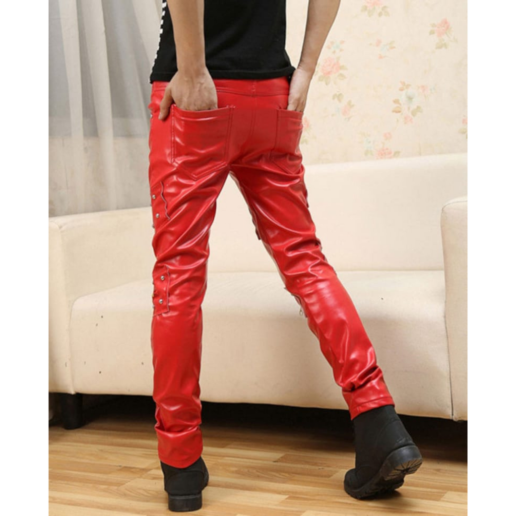 Men's Red Slim Fit Studded Detail Genuine Leather Pants | Hides&Cult