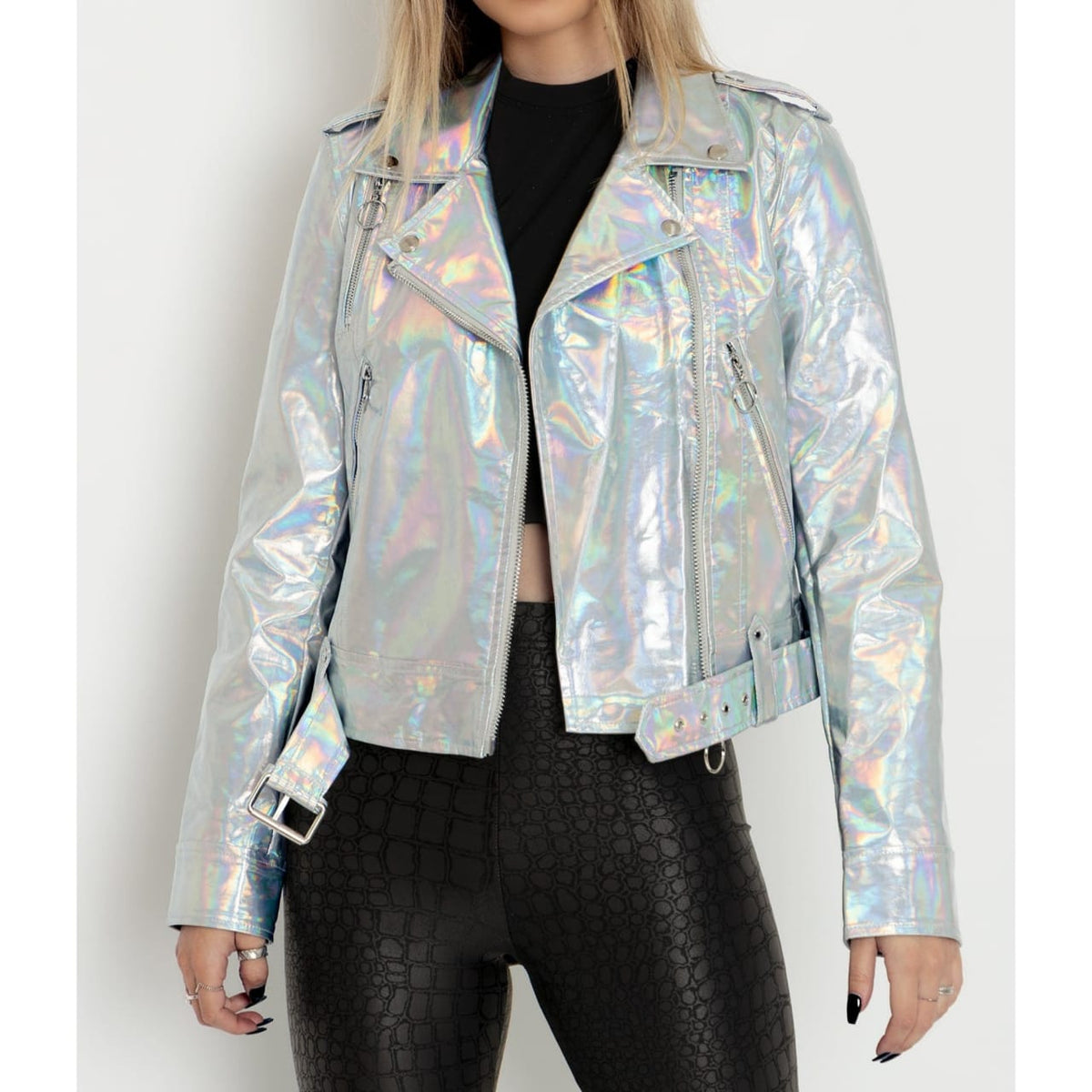 Women's Iridescent Silver Metallic Foil Motorcycle Biker Belted Genuine Lambskin Leather Jacket