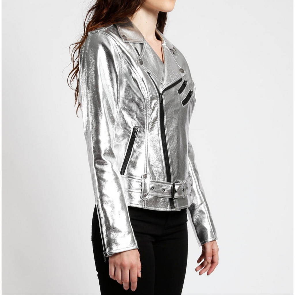 Women's Silver Metallic Foil Belted Motorcycle Biker Leather Jacket