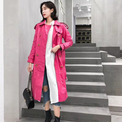 Womens Pink Patent Double Breasted Real Leather Trench Coat