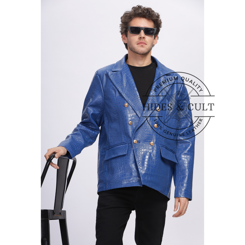 Mens Electric Blue Double Breasted Croc Leather Blazer