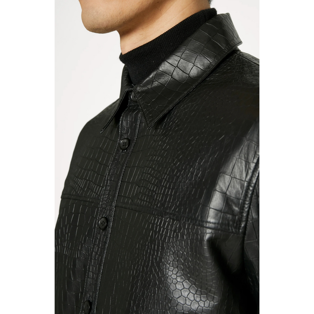 Mens Black Alligator Embossed Effect Genuine Leather Shirt