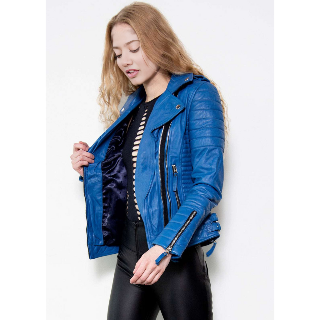 Women's Blue Quilted Motorcycle Biker Real Leather Jacket | Hides&Cult