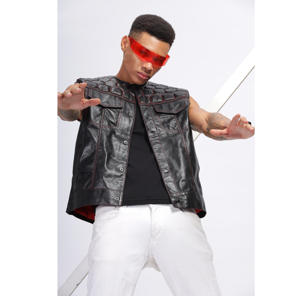 Mens Black Honeycomb Quilted Leather Vest Coat