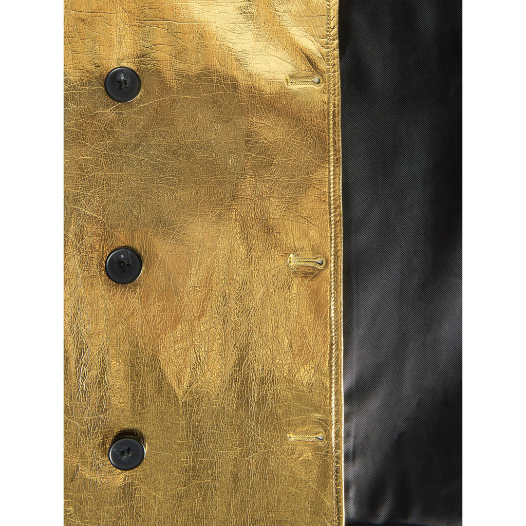 Women's Shiny Yellow Gold Metallic Foil Effect Double Breasted Leather Trench Coat