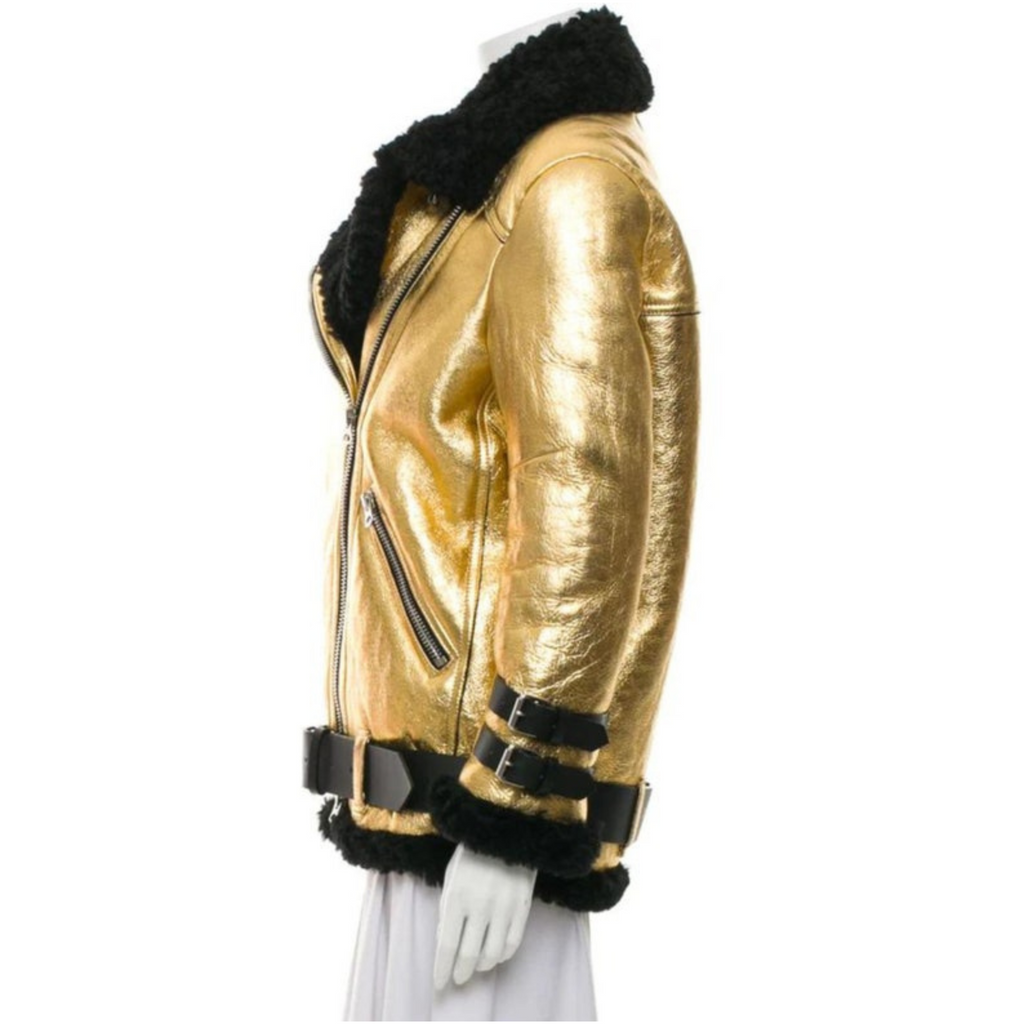 Women's Gold Metallic Foil Black Real Lambskin Furr Belted Shearling Coat