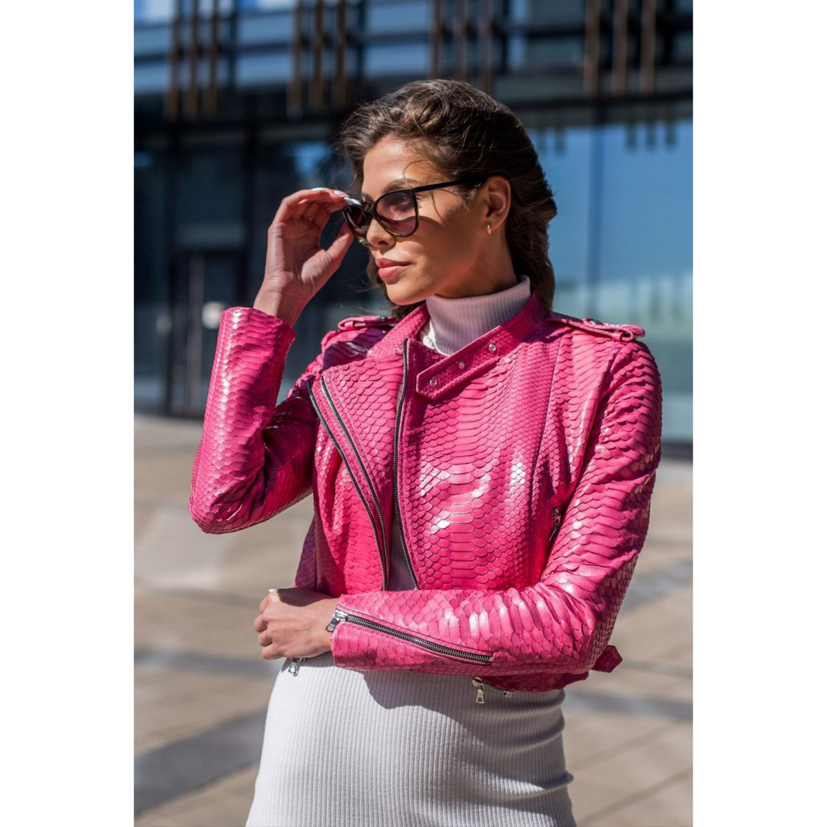 Women's Fuchsia Pink Python Embossed Effect Motorcycle Genuine Leather Jacket