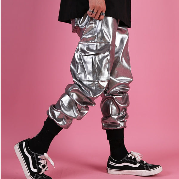 Men's Silver Metallic Foil Cargo Jogger Leather Pants