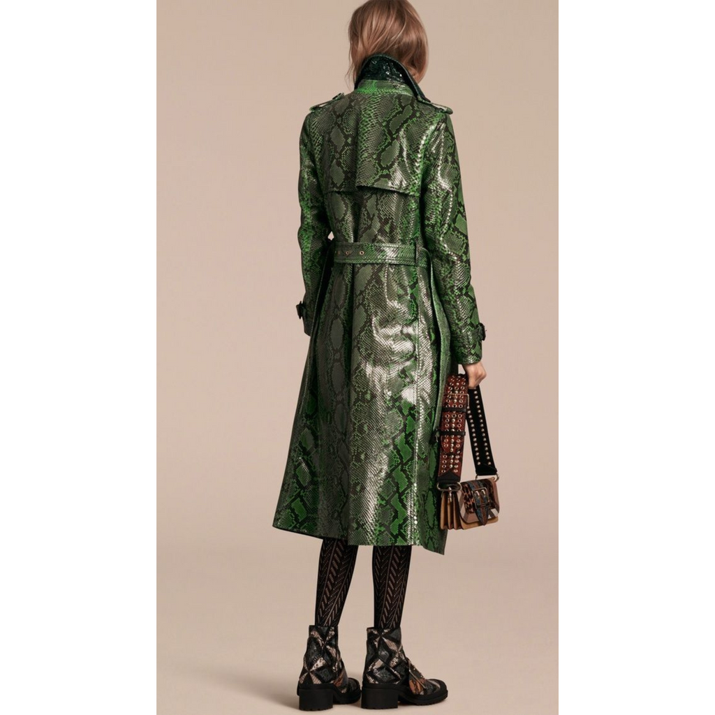 Women's Green Snake Print Effect Double Breasted Real Leather Trench Coat