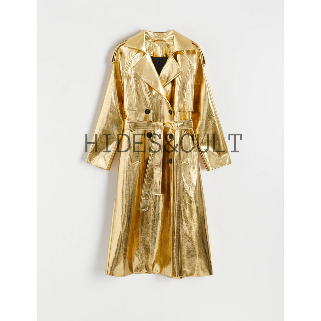 Women's Shiny Yellow Gold Metallic Foil Effect Double Breasted Leather Trench Coat