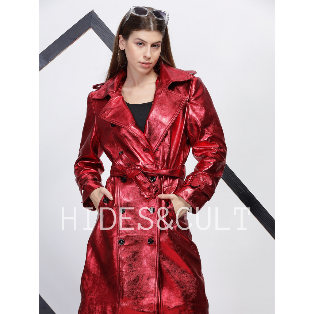 Womens Cherry Red Metallic Foil Effect Double Breasted Belted Leather Trench Coat