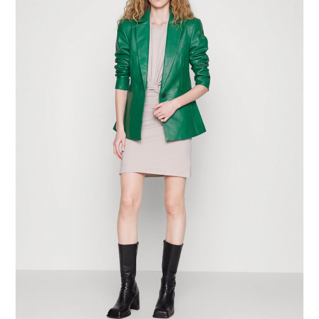 Women's Green Single Buttoned Genuine Leather Blazer