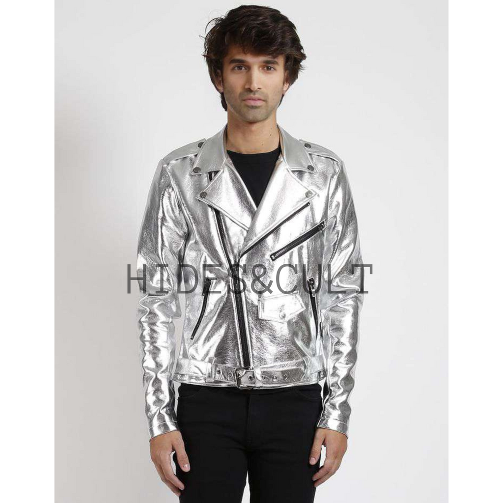 Mens Silver Metallic Foil Effect Slim Fit Motorcycle Biker Leather Jacket