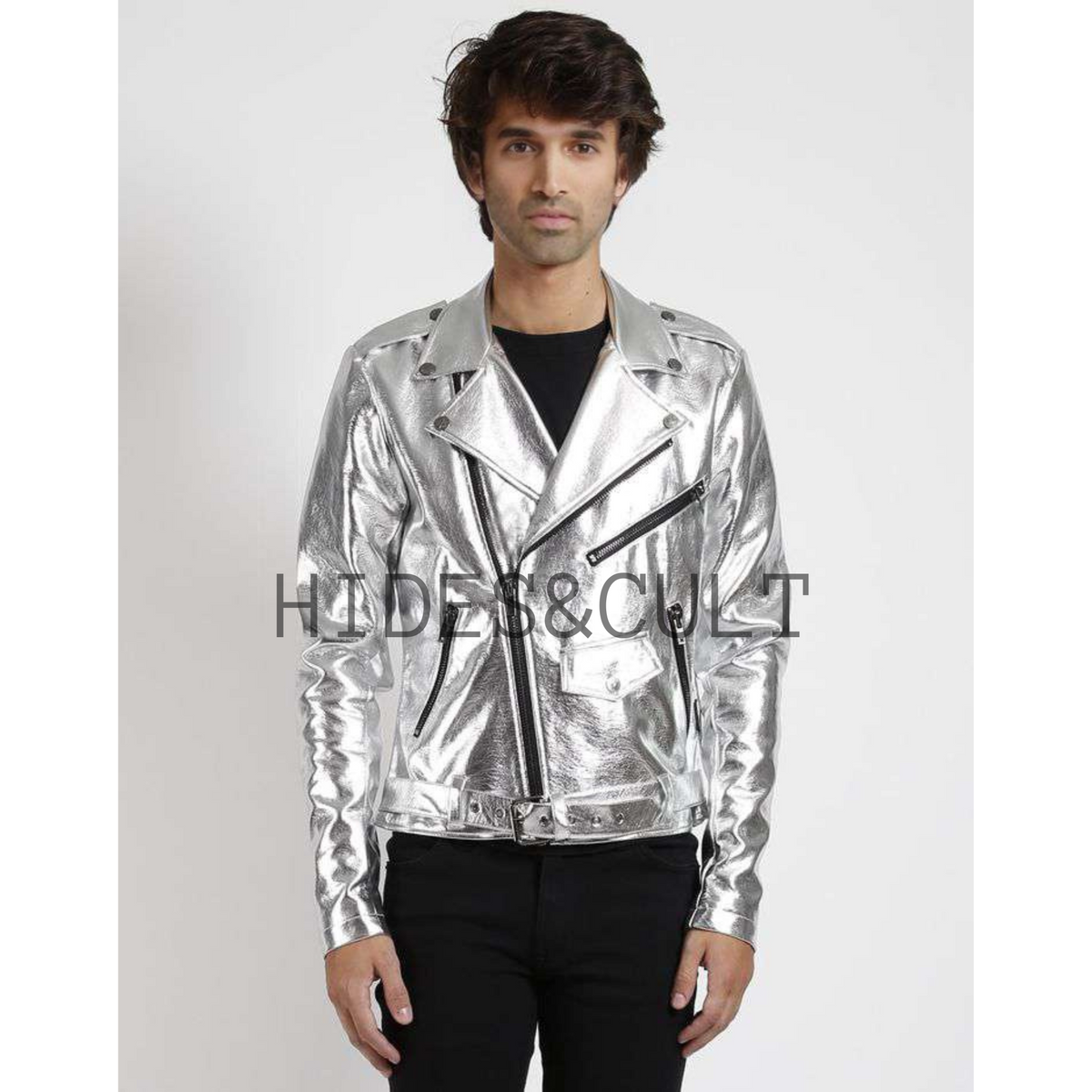 Mens Silver Metallic Foil Effect Slim Fit Motorcycle Biker Leather Jacket