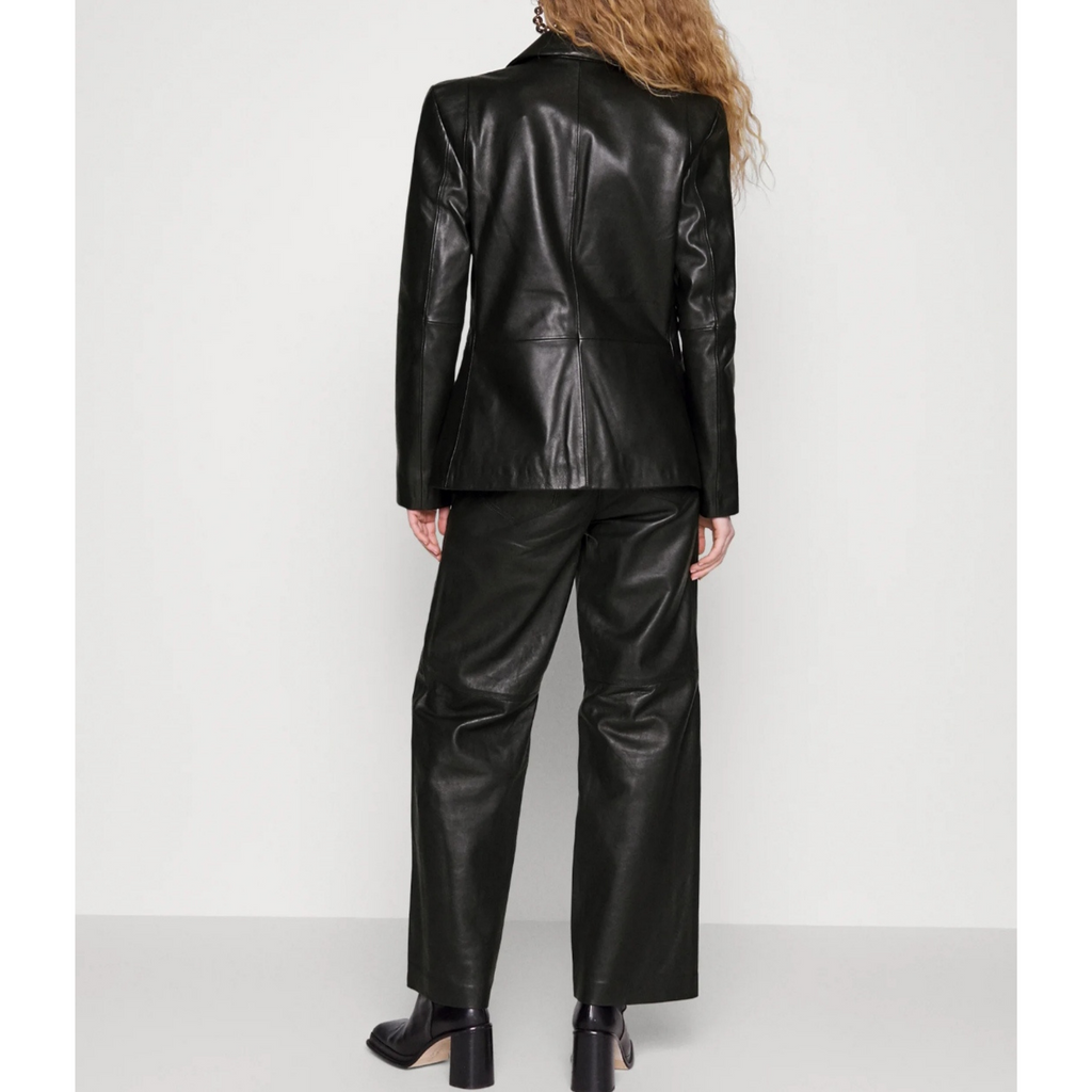 Women's Green Single Buttoned Genuine Leather Blazer