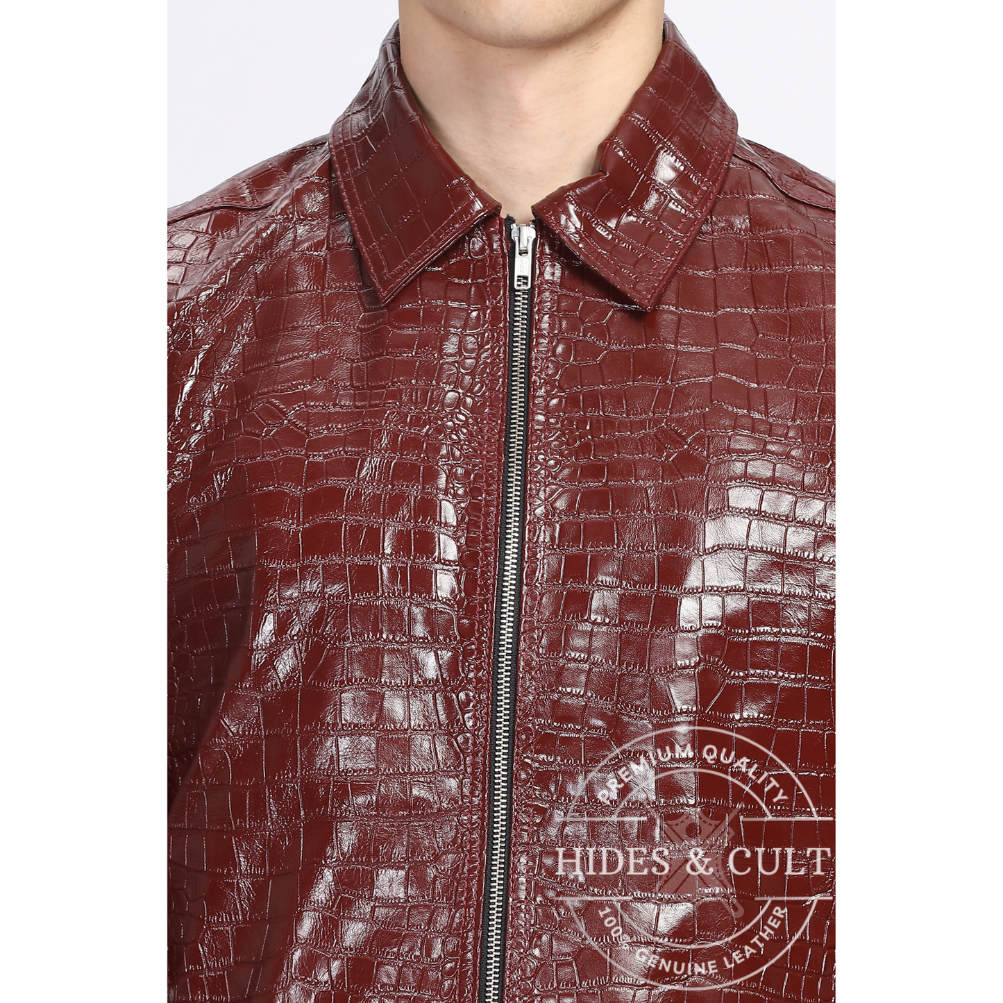 Mens Maroon Croc Detail Leather Jacket