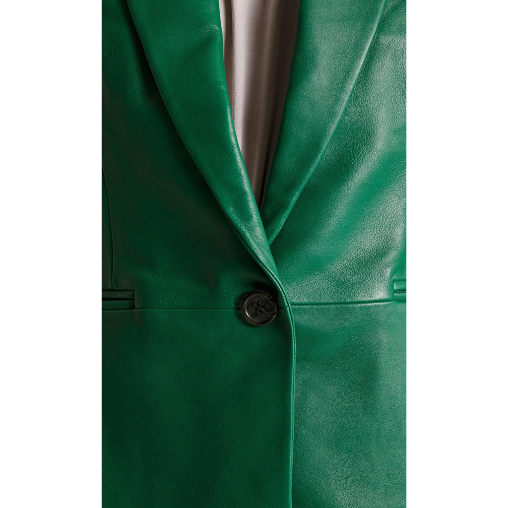 Women's Green Single Buttoned Genuine Leather Blazer