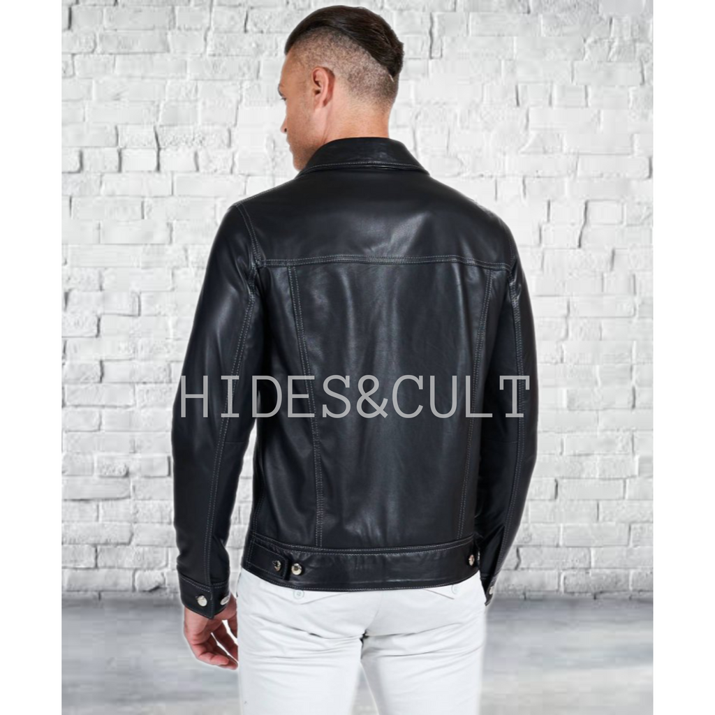 Mens Black Slim Fit Denim Trucker Leather Jacket