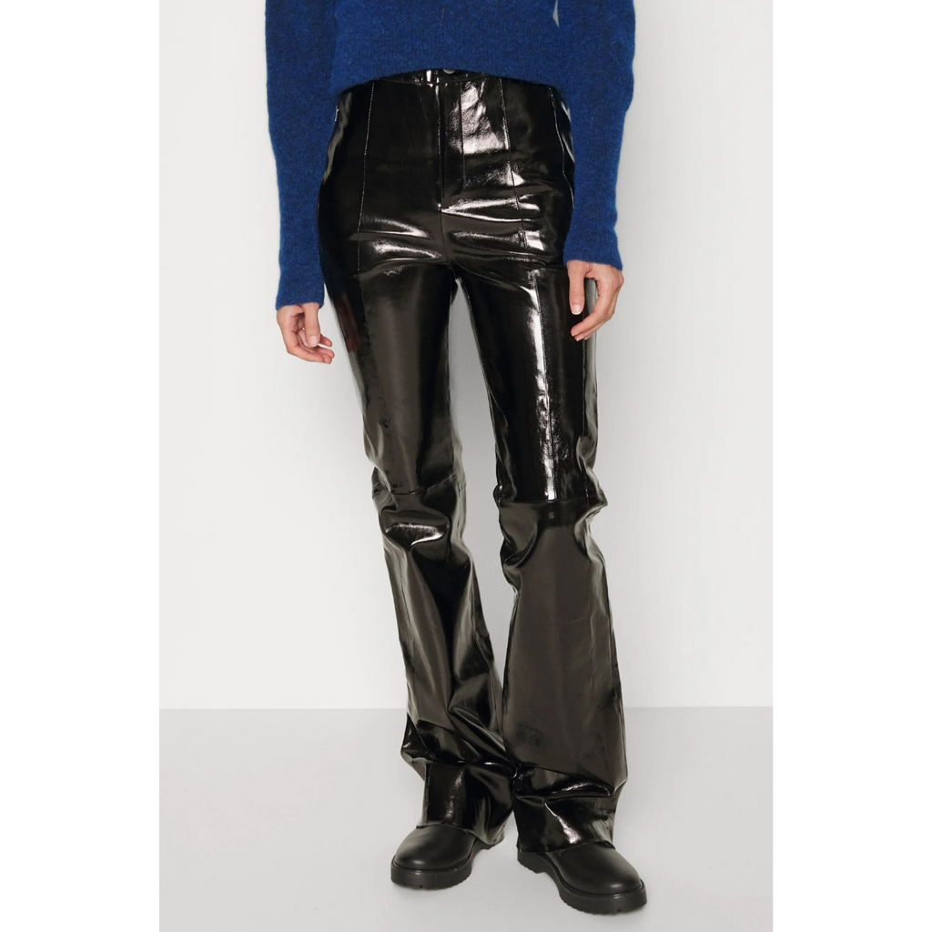 Women's Black Patent Vinyl Effect Straight Leg Genuine Leather Pants