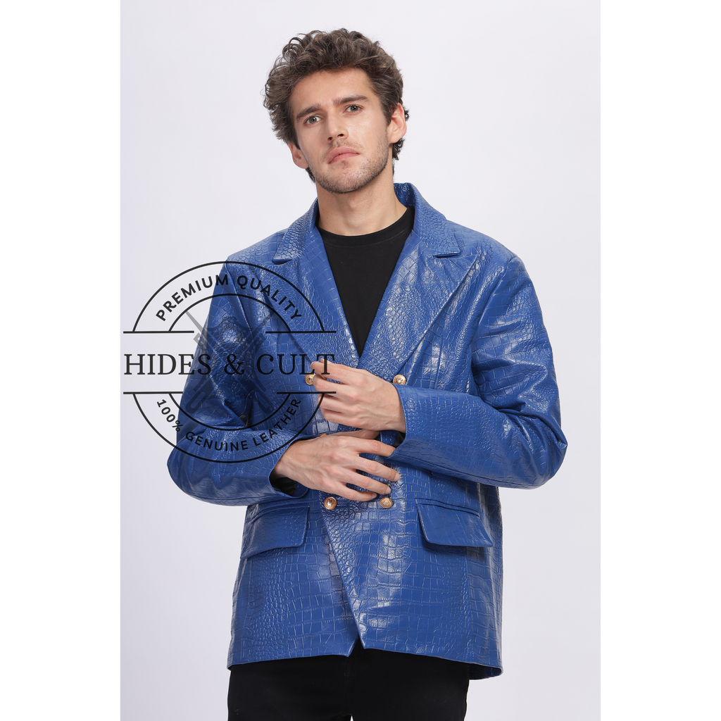 Mens Electric Blue Double Breasted Croc Leather Blazer