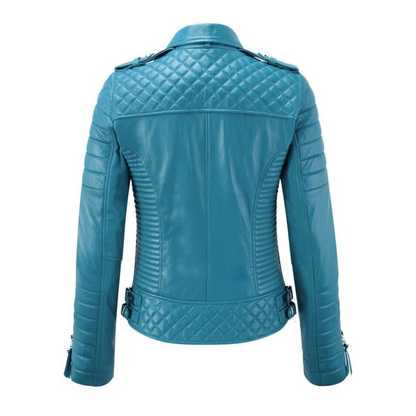 Women's Turquoise Blue Motorcycle Biker Quilted Leather Jacket