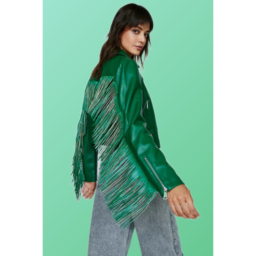 Women's Green Fringed Real Leather Jacket | Hides&Cult