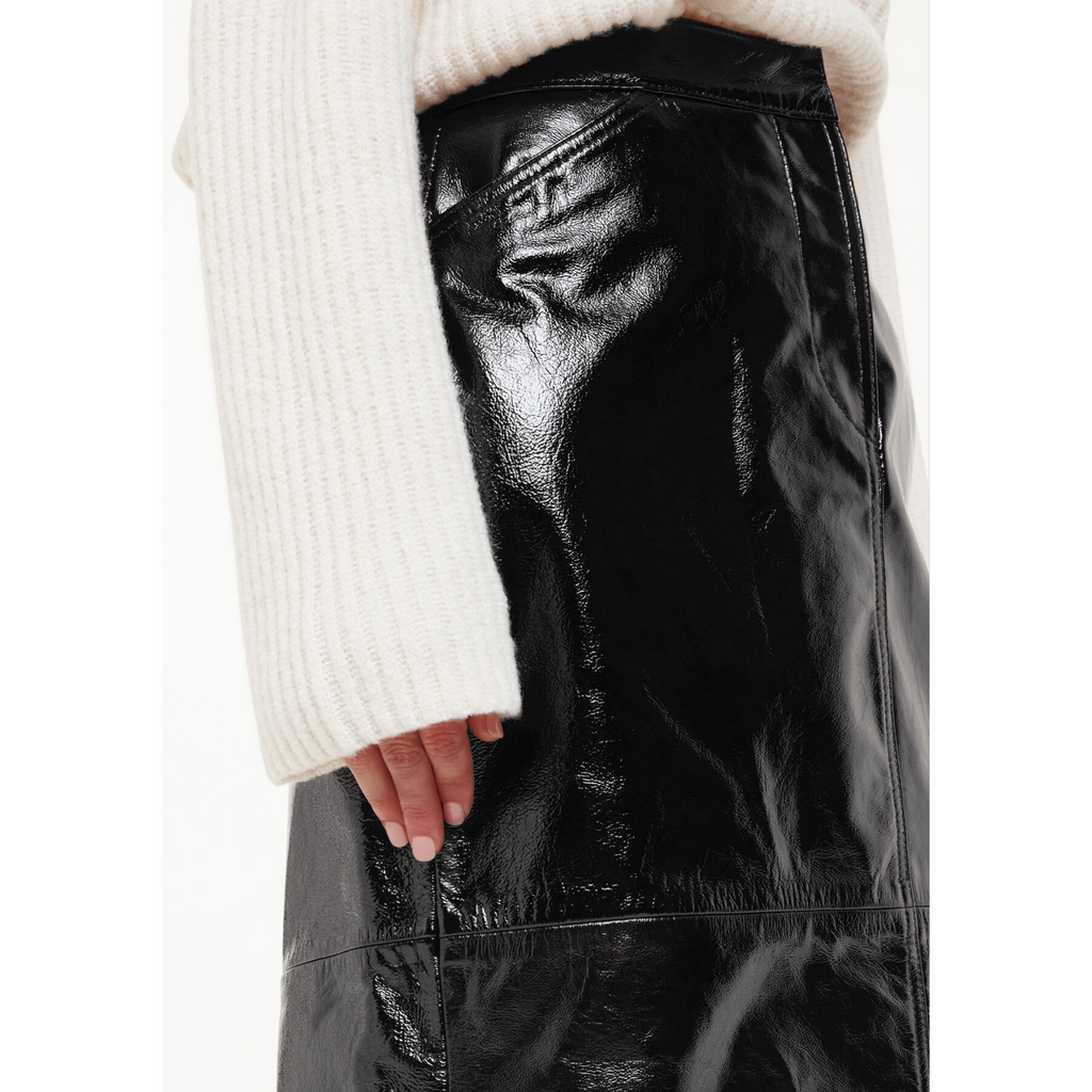Womens Black Patent Vinyl Effect Panelled A Line Long Leather Skirt