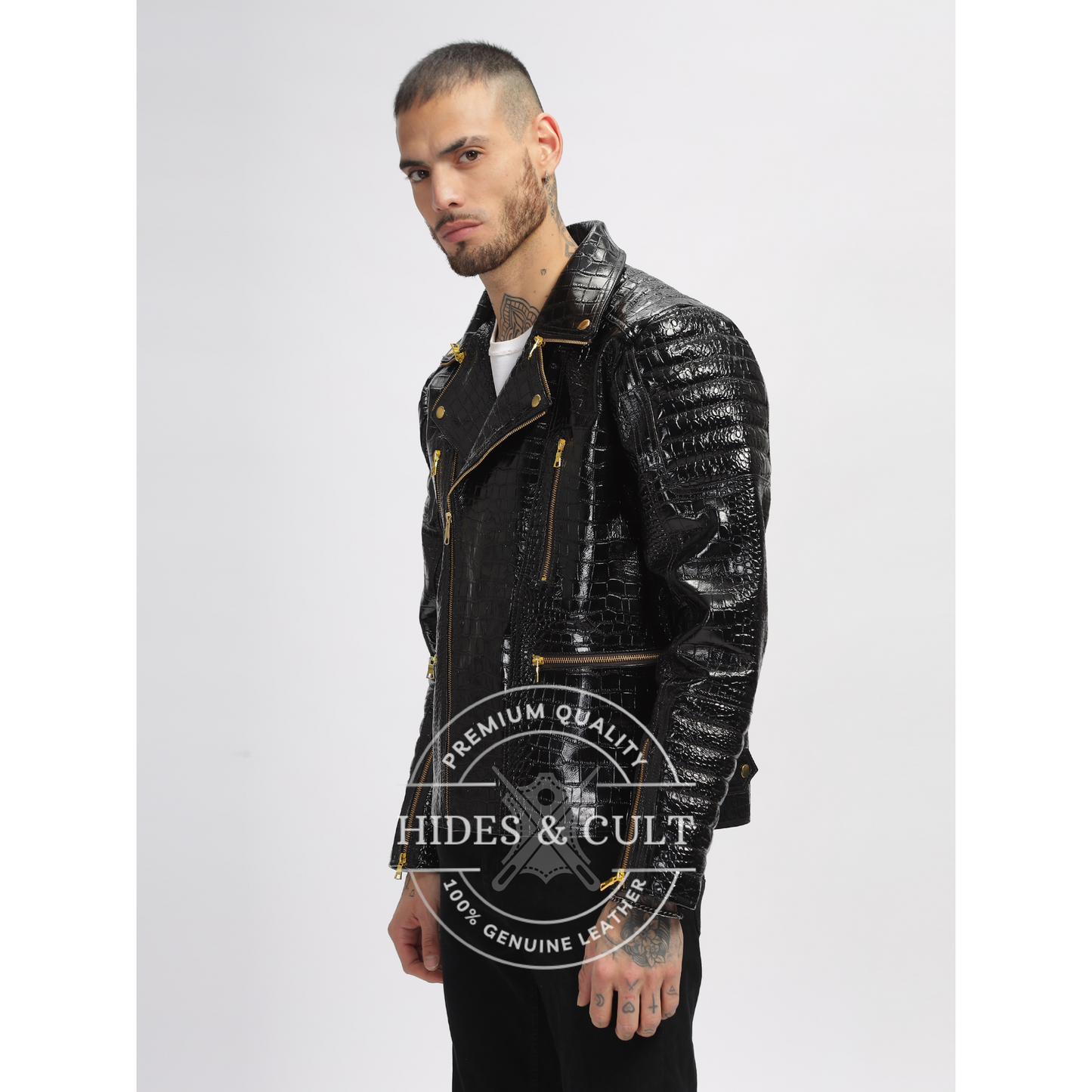 Mens Black Patent Croc Motorcycle Biker Gold Zip Leather Jacket