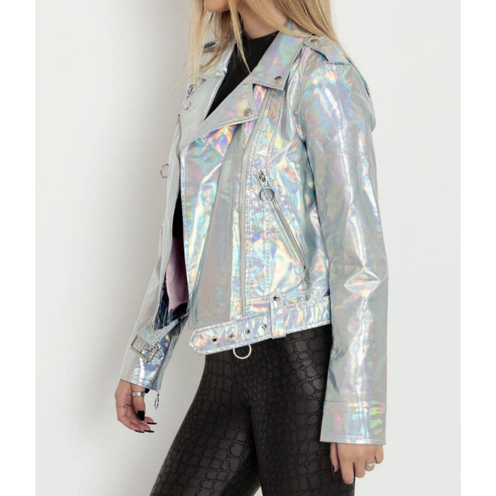 Women's Iridescent Silver Metallic Foil Motorcycle Biker Belted Genuine Lambskin Leather Jacket