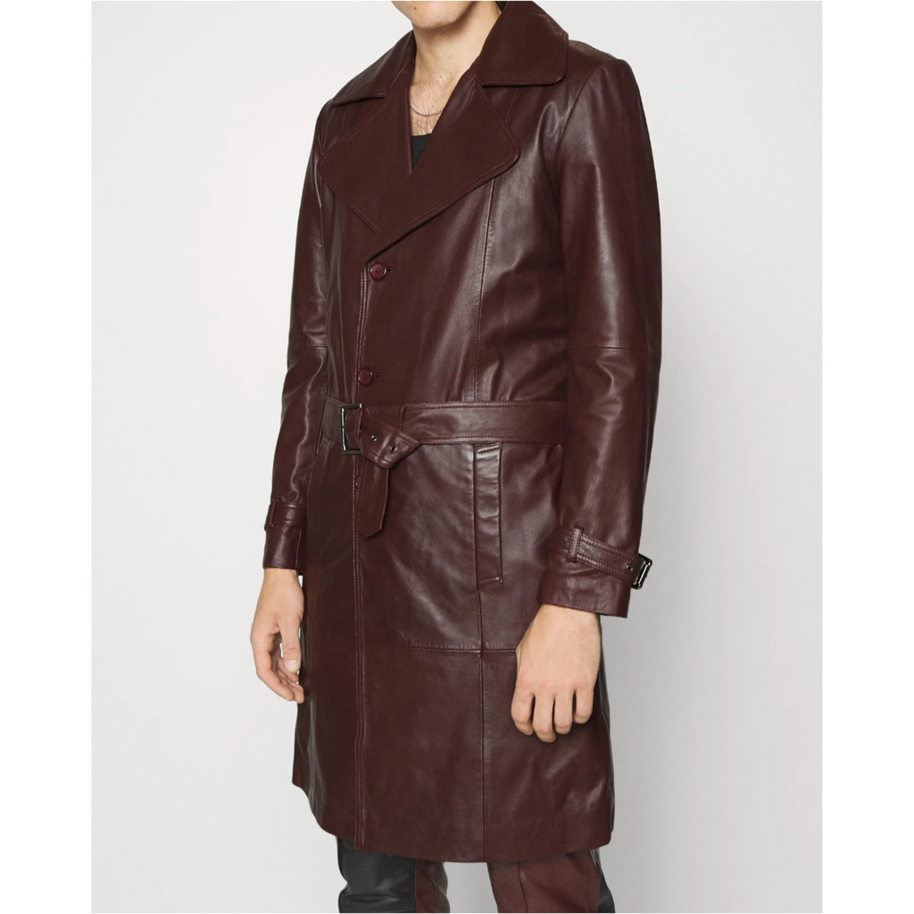 Mens Burgundy Belted Genuine Leather Trench Coat