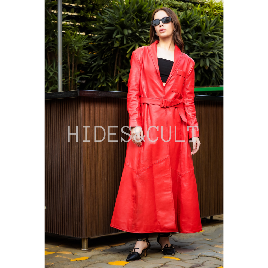 Women's Red Genuine Leather Long Maxi Dress
