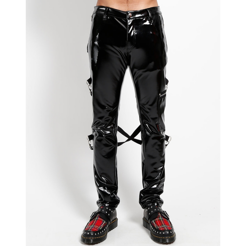 Mens Black Patent Effect Punk Style Zipper Detail Genuine Leather Pant Trouser
