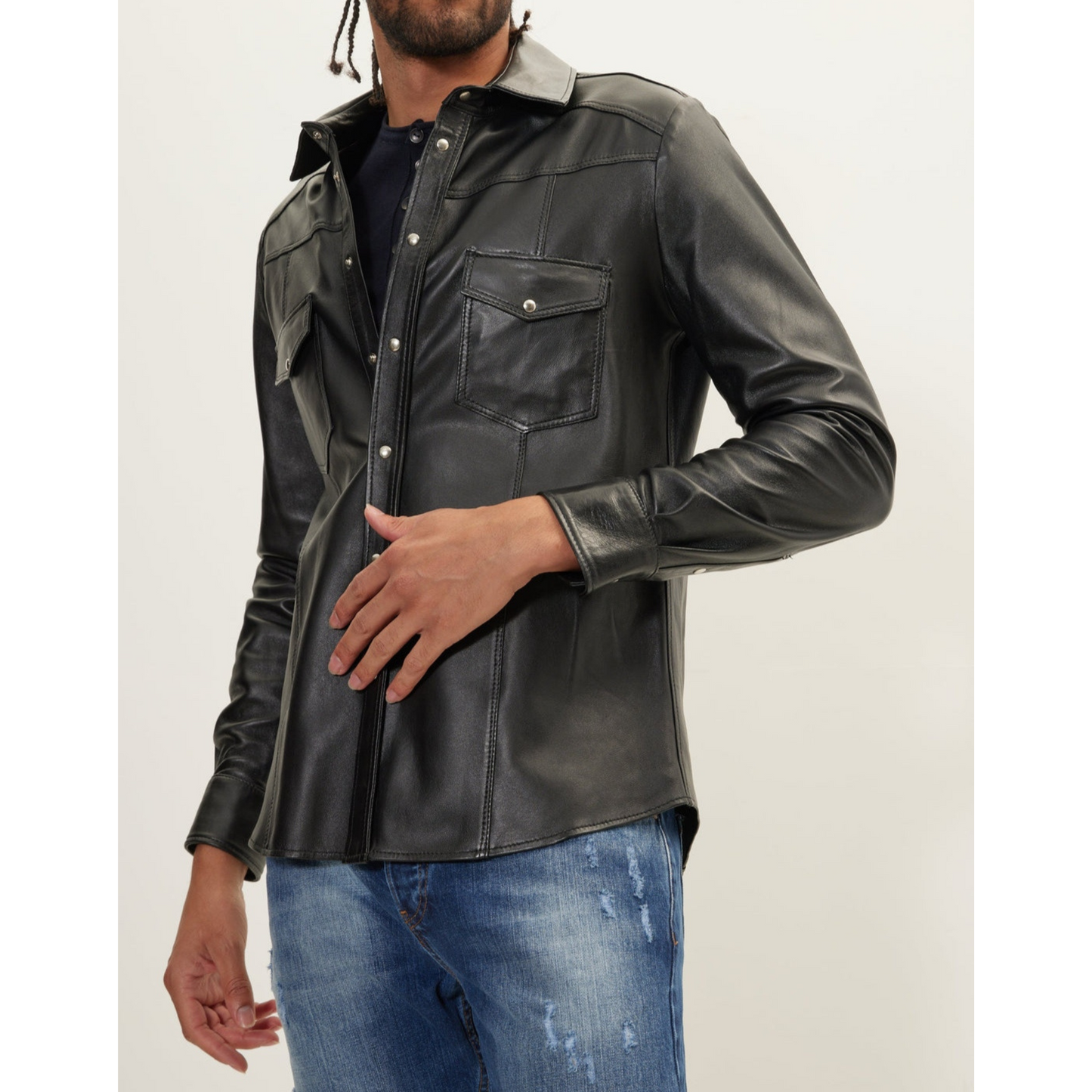 Mens Black Denim Leather Shirt