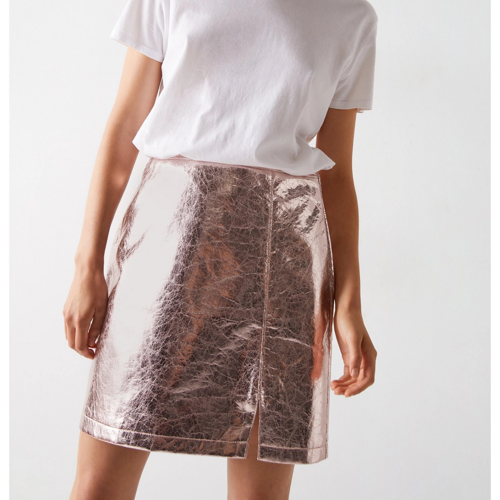 Womens Electric Blue Crush Metallic Foil EffectGenuine Leather Mini Skirt