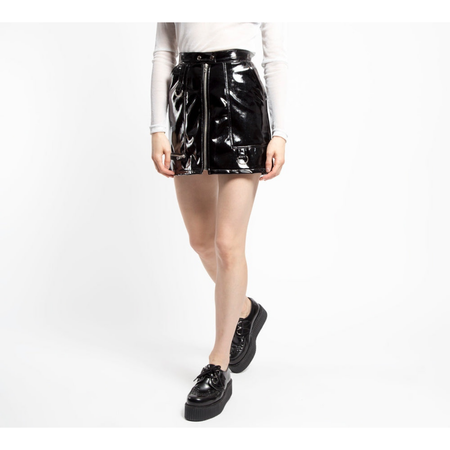 Women's Black Zip Front A Line Mini Leather Skirt