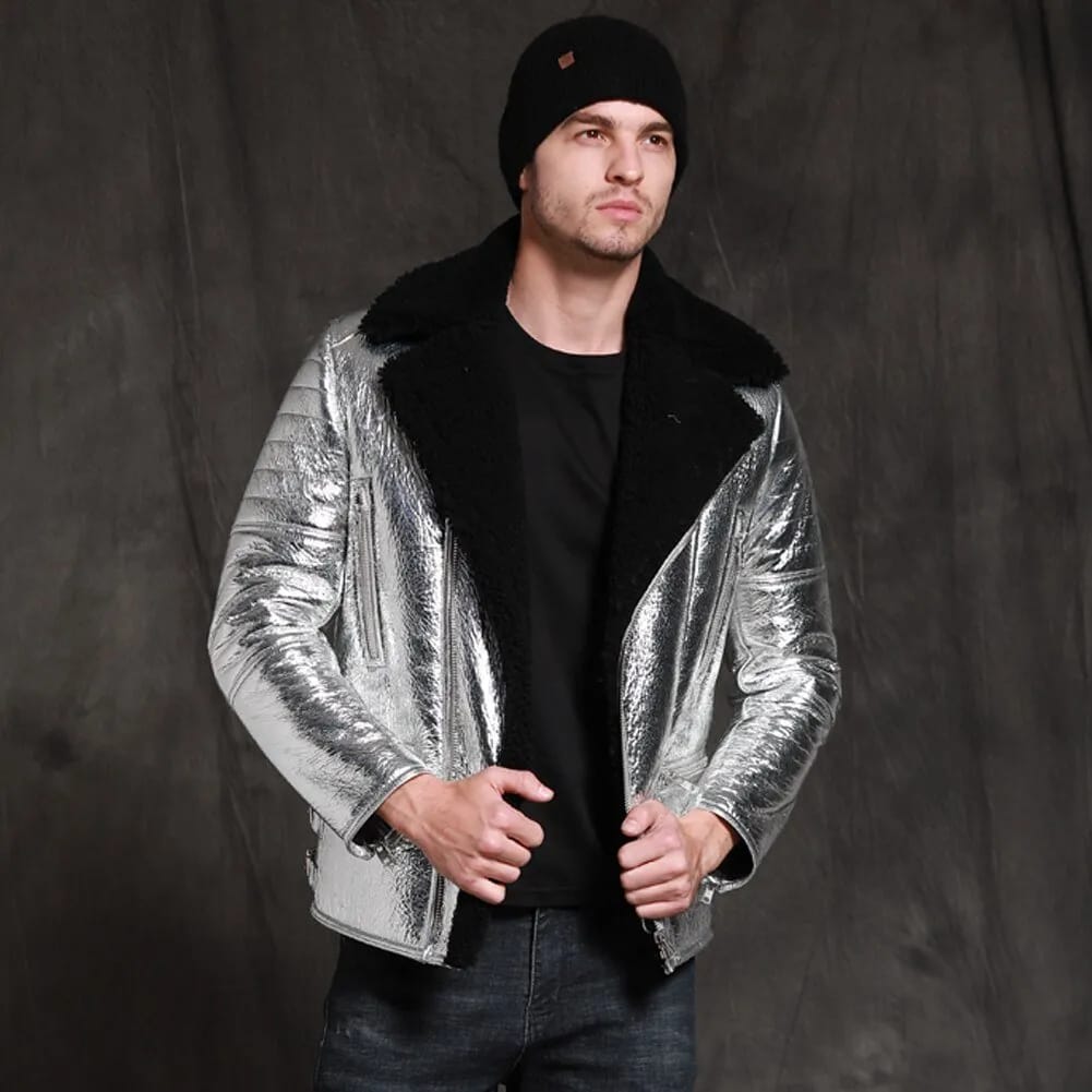 Men's Silver Metallic Foil Real Lambskin Black Furr Aviator Pilot Shearling Coat